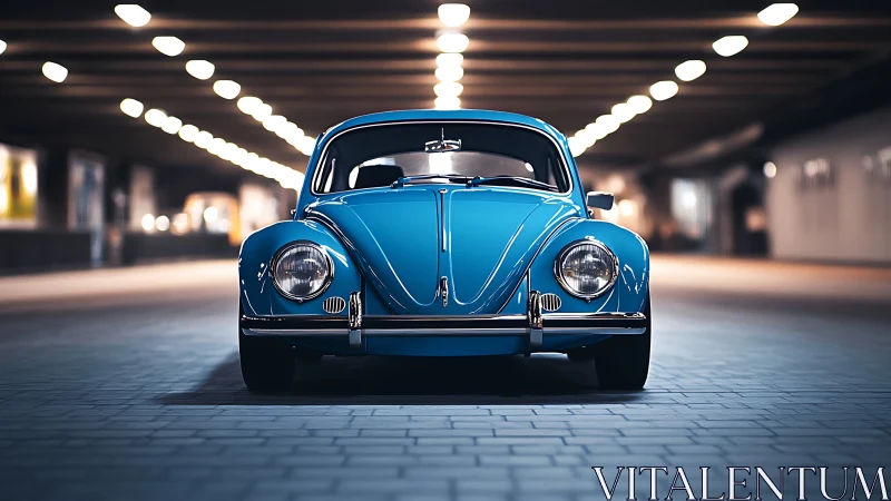 Symmetric frontal study of blue vintage compact car in tunnel.