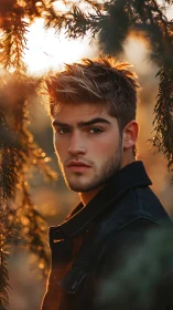 Young man stands in warm backlit forest portrait frame