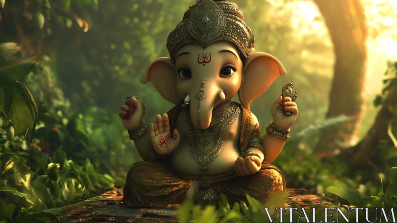 3D baby Ganesha idol in lush mystical forest light.