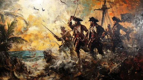 Storm-lashed pirate landing with tricorne officers charging ashore