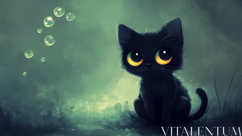 Black cat with glowing eyes in misty green environment.