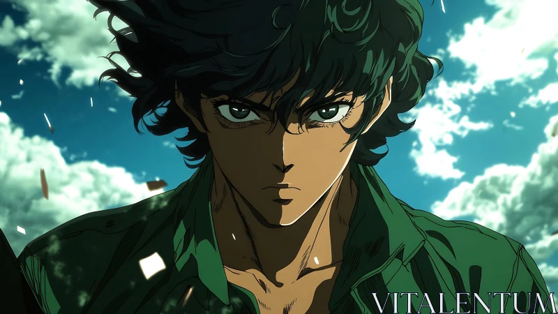 Determined anime hero under stormlit sky in dramatic focus.