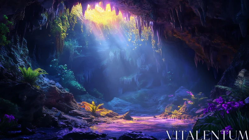 Spectral bioluminescent cavern with volumetric shafts of light.