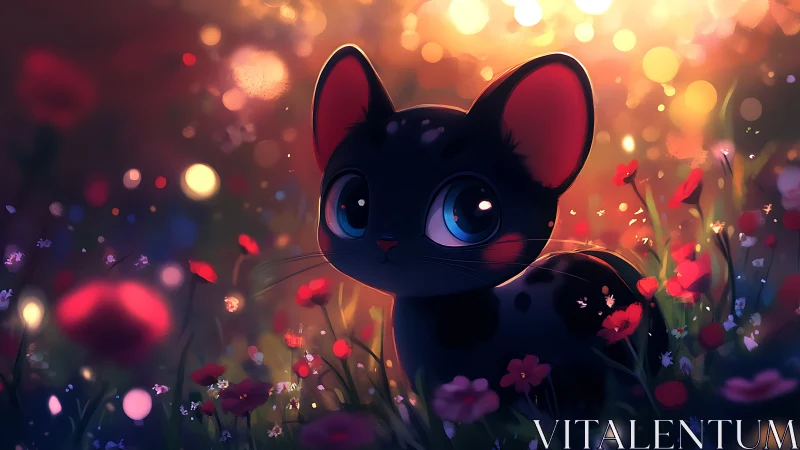 Black Cat with Blue Eyes in Glowing Flower Field.