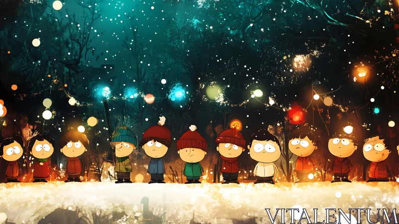 Snowy night lineup of stylized children under bokeh lights