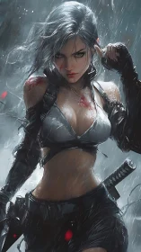 Rain-swept cybernetic swordswoman with tactical harness poised.