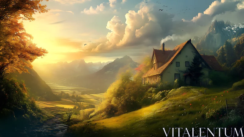 Radiant alpine valley with hillside cottage at golden hour.