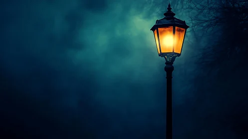 Lonely streetlamp glowing through deep blue night fog.
