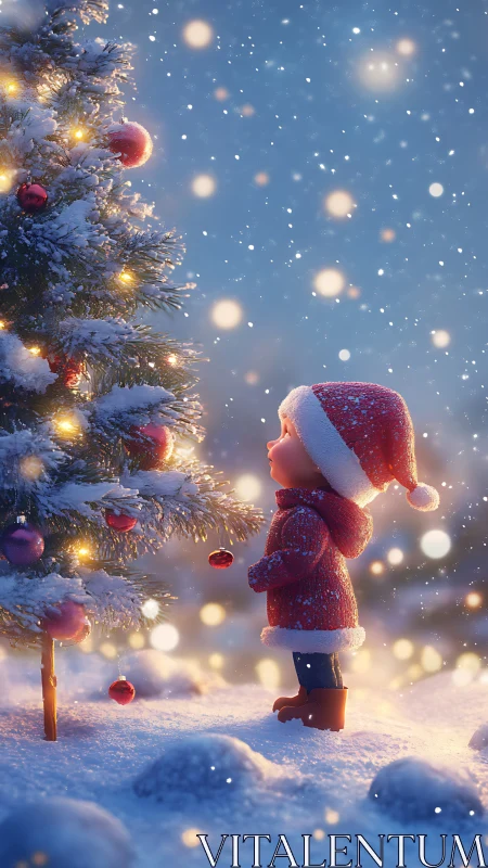 Child in winter clothing near lit snow covered tree at dusk.