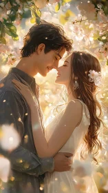 Romantic Couple Embracing in Golden Floral Setting