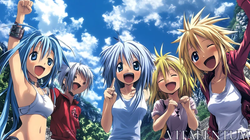 Sky-high summer cheer with anime friends in bright sunlight.