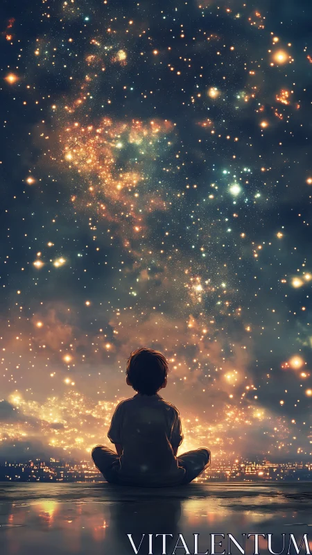 Solitary child observing dense star field at night.