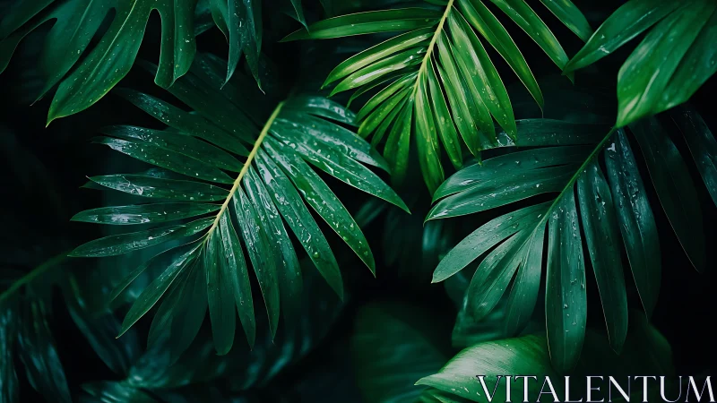 Close-up of layered tropical palm leaves with water droplets.