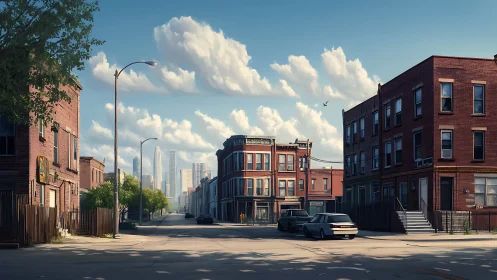 Sunlit neighborhood street meets distant modern skyline.