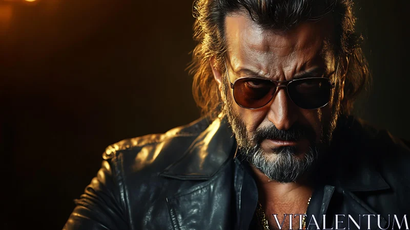 Middle-aged man in leather jacket under controlled lighting