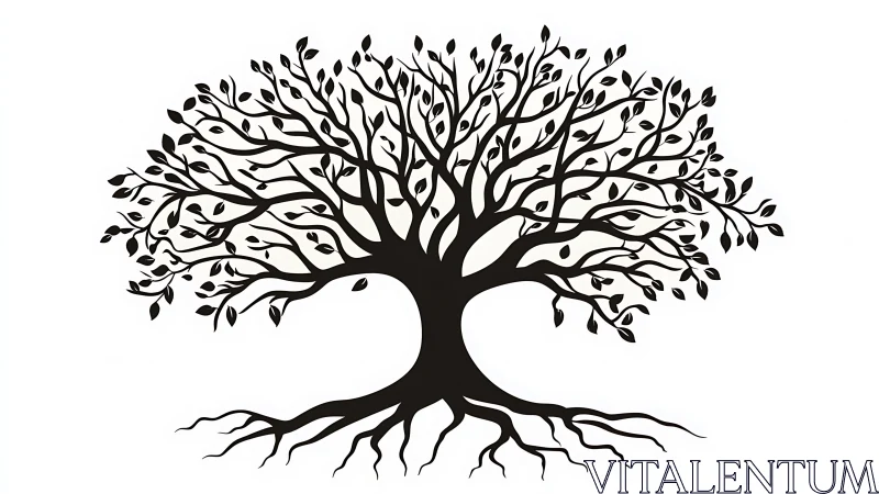Symmetrical vector tree silhouette with bifurcating roots and canopy