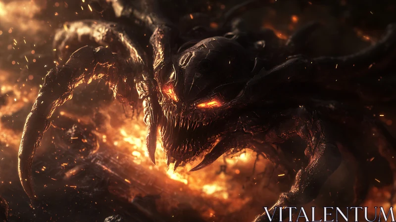 Fiery multi-limbed demon creature emerges from burning ground