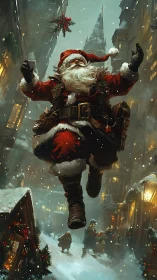 Santa leaps through a snowy Victorian street in warm light