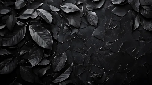 Monochrome black leaves arranged on textured dark surface.
