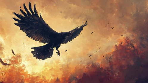 Stormwing raven cuts across a burning amber sky at dusk.