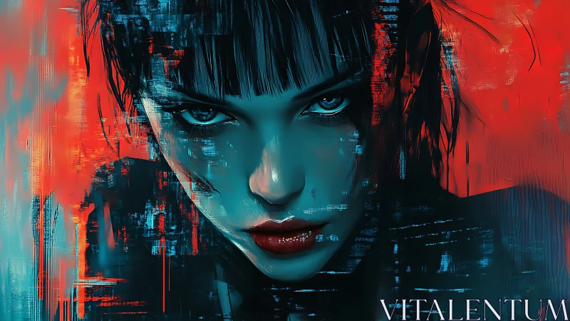 Cyber noir woman stares through glitching neon shadows.