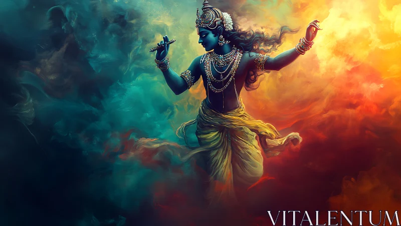 Graceful blue deity dancing through swirling cosmic light.