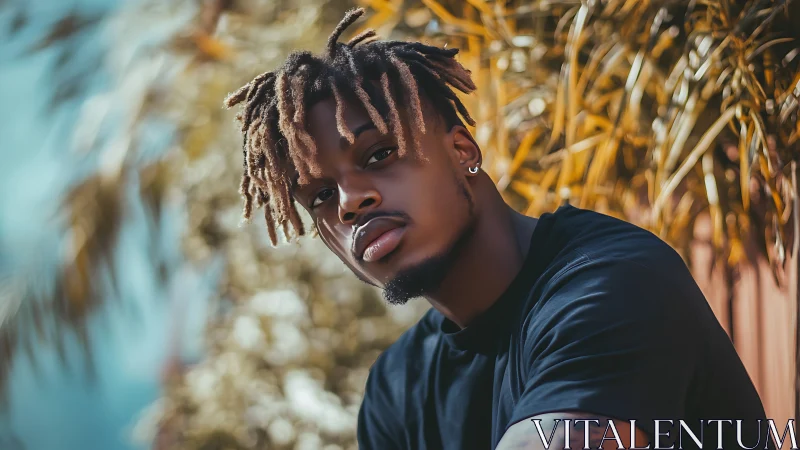 Confident young man in warm-toned outdoor portrait.