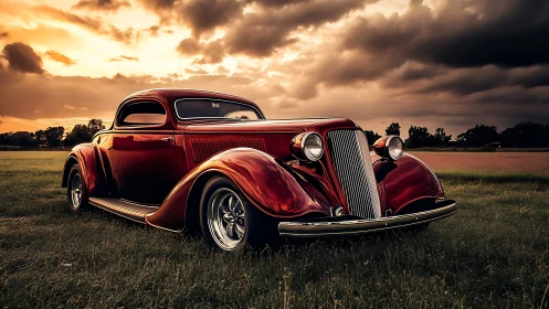 Sunset glow on a cherry red vintage cruiser in the field.