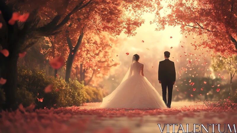 Bride and groom walking under romantic autumn blossoms.
