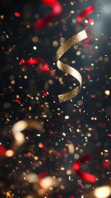 Vertical view of gold ribbon and confetti on dark background.