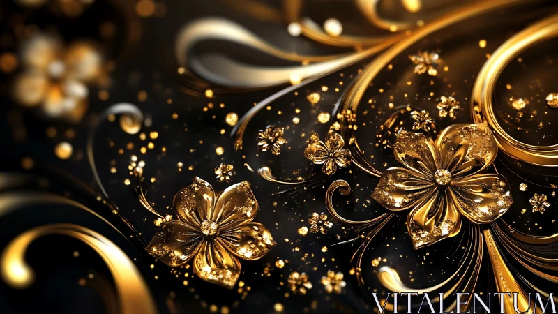 Golden floral swirls glow over deep black abstract field.