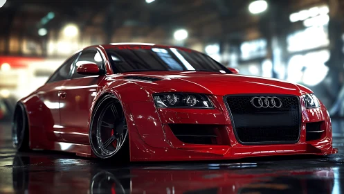 Red modified coupe is parked indoors under diffused lighting