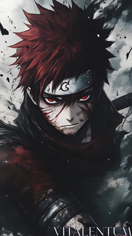 Red-haired ninja portrait with headband and battle damage.