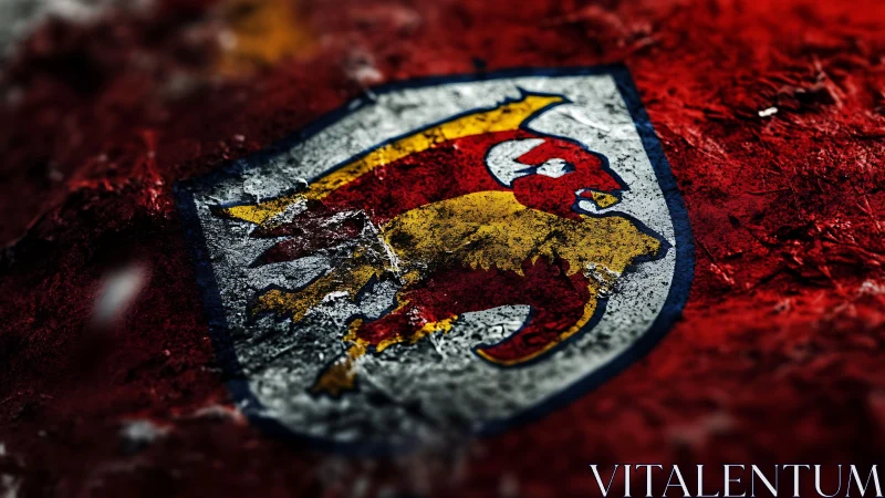 Battleworn gryphon crest clawing through rusted crimson stone.