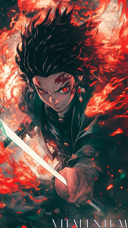 Flame-wreathed swordsman lunges forward in dynamic anime portrait