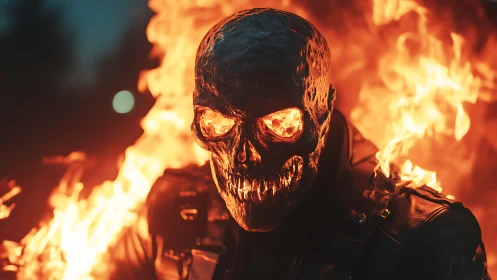 Flaming skull rider in leather jacket against dark backdrop.