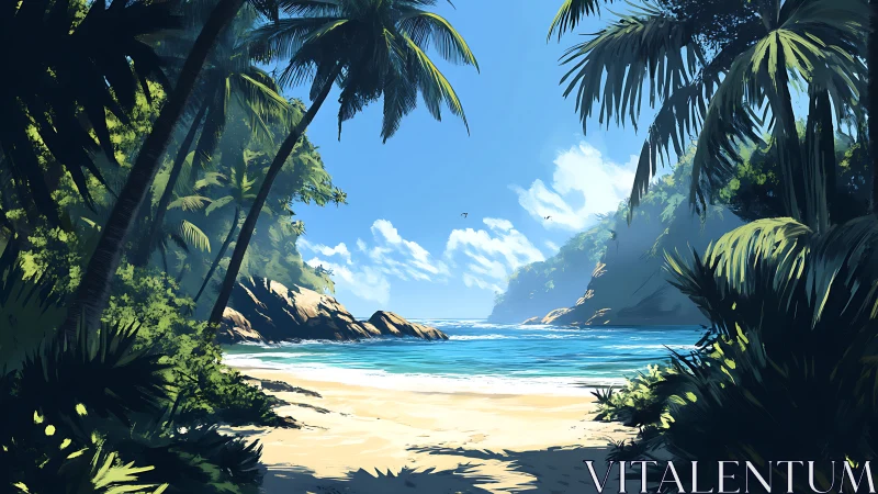 Tropical beach cove with palm trees framing turquoise water and sand.