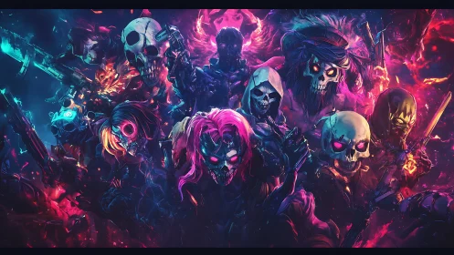 Neon skeletal warband stalks burning cyber inferno night.