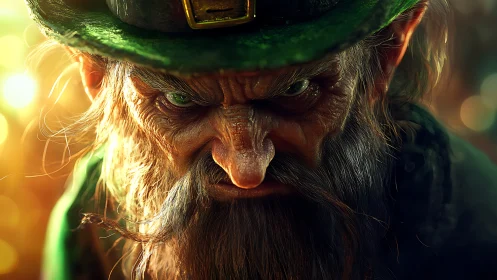 Wrinkled leprechaun glares under worn green hat in golden light