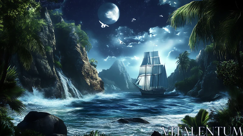 Sailship anchored in lunar night cove with waterfalls