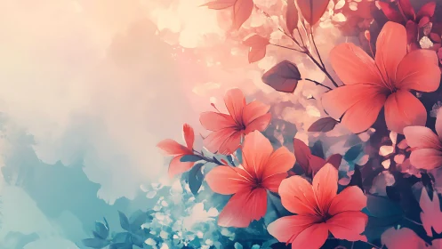 Coral Flowers with Soft Watercolor Background.