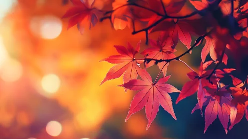 Red maple leaves hang sharply focused against blurred light