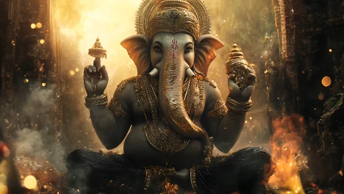 Golden Ganesha idol in ornate temple glow at dusk.