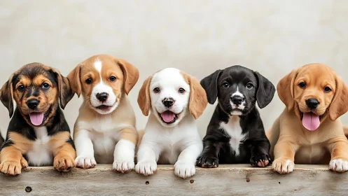 Playful row of puppies sharing bright, tail-wagging joy.