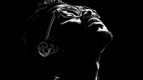 High-contrast monochrome portrait in upward gaze profile.