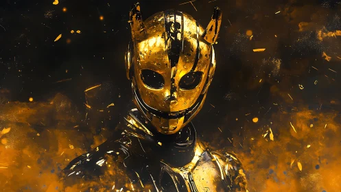 Gold-plated humanoid robot stands amid dispersed glowing debris