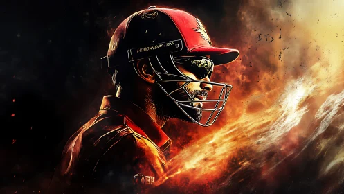 Digital painting profile of cricket batsman in fiery lighting.