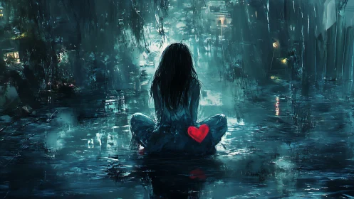 Girl with glowing red heart sits alone in neon rain.