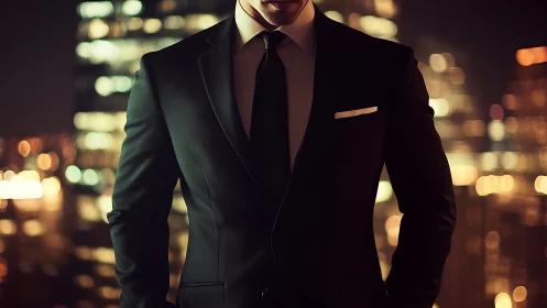 Sharp suited businessman stands against glowing city skyline