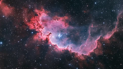 Blossoming pink nebula cradling a bright newborn starfield.